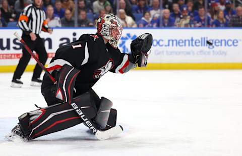 Mar 11, 2023; Buffalo, New York, USA; Buffalo Sabres goaltender Ukko-Pekka Luukkonen (1) makes a glove save during the third period against the New York Rangers at KeyBank Center. Mandatory Credit: Timothy T. Ludwig-USA TODAY Sports