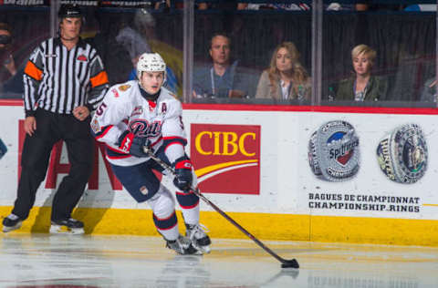 REGINA, SK – MAY 27: Josh Mahura #5 of Regina Pats skates with the puck at Brandt Centre – Evraz Place on May 27, 2018, in Regina, Canada. (Photo by Marissa Baecker/Getty Images)