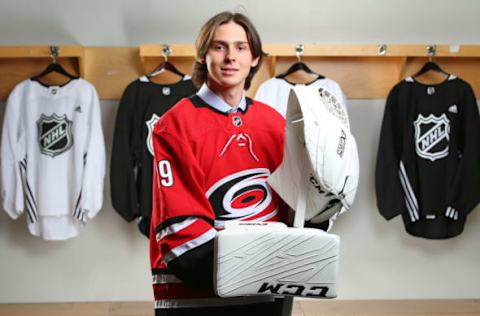 VANCOUVER, BRITISH COLUMBIA – JUNE 22: Pyotr Kochetkov, 36th overall pick of the Carolina Hurricanes, poses for a portrait during Rounds 2-7 of the 2019 NHL Draft at Rogers Arena on June 22, 2019 in Vancouver, Canada. (Photo by Andre Ringuette/NHLI via Getty Images)