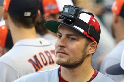 WASHINGTON, DC – JULY 17: Trevor Bauer #47 of the Cleveland Indians and the American League looks on with a GoPro on his hat during the 89th MLB All-Star Game, presented by Mastercard at Nationals Park on July 17, 2018 in Washington, DC. (Photo by Rob Carr/Getty Images)