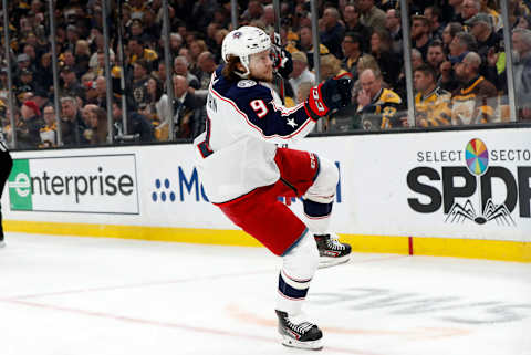 BOSTON, MA – APRIL 27: Columbus Blue Jackets left wing Artemi Panarin (9) reacts to his second goal of the game during Game 2 of the Second Round 2019 Stanley Cup Playoffs between the Boston Bruins and the Columbus Blue Jackets on April 27, 2019, at TD Garden in Boston, Massachusetts. (Photo by Fred Kfoury III/Icon Sportswire via Getty Images)