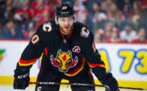 Jan 18, 2023; Calgary, Alberta, CAN; Calgary Flames center Jonathan Huberdeau (10) against the Colorado Avalanche during the first period at Scotiabank Saddledome. Mandatory Credit: Sergei Belski-USA TODAY Sports