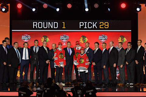 CHICAGO, IL – JUNE 23: The Chicago Blackhawks select defenseman Henri Jokiharju with the 29th pick in the first round of the 2017 NHL Draft on June 23, 2017, at the United Center in Chicago, IL. (Photo by Daniel Bartel/Icon Sportswire via Getty Images)