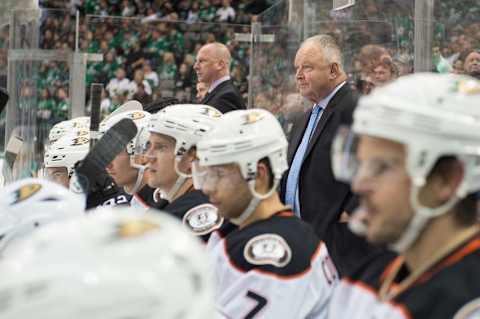 Oct 13, 2016; Dallas, TX, USA; Anaheim Ducks head coach Randy Carlyle during the game against Dallas Stars at the American Airlines Center. The Stars defeat the Ducks 4-2. Mandatory Credit: Jerome Miron-USA TODAY Sports