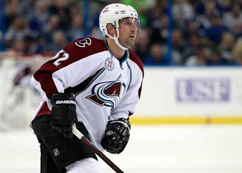 Oct 29, 2015; Tampa, FL, USA; Colorado Avalanche defenseman Francois Beauchemin (32) skates against the Tampa Bay Lightning during the third period at Amalie Arena.Colorado Avalanche defeated the Tampa Bay Lightning 2-1. Mandatory Credit: Kim Klement-USA TODAY Sports