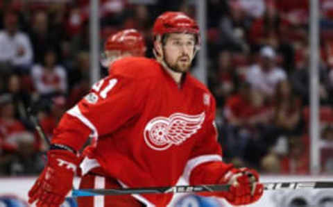 Detroit Red Wings defenseman Xavier Ouellet (61) looks on (Raj Mehta-USA TODAY Sports)