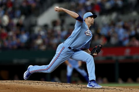 ARLINGTON, TEXAS – APRIL 23: Jacob deGrom #48 of the Texas Rangers pitches against the Oakland Athletics in the top of the fourth inning at Globe Life Field on April 23, 2023 in Arlington, Texas. (Photo by Tom Pennington/Getty Images)