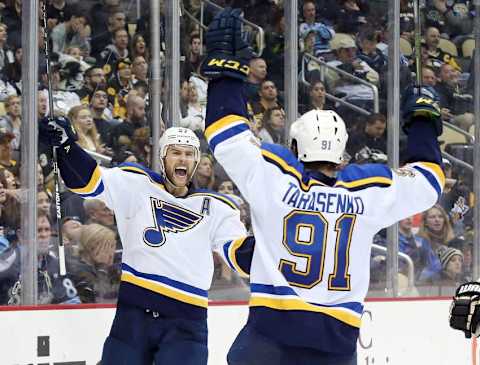 Nov 25, 2015; Pittsburgh, PA, USA; St. Louis Blues defenseman Alex Pietrangelo (L) reacts after scoring a goal along with right wing Vladimir Tarasenko (91) against the Pittsburgh Penguins during the third period at the CONSOL Energy Center. The Penguins won 4-3 in overtime. Mandatory Credit: Charles LeClaire-USA TODAY Sports