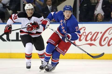 NHL Line Combinations: New York Rangers left wing Jimmy Vesey (26) skates against New Jersey Devils left wing Vernon Fiddler (38) during the first period of a preseason hockey game at Madison Square Garden. Mandatory Credit: Brad Penner-USA TODAY Sports