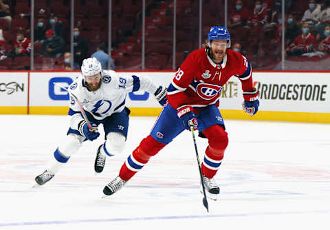 Jon Merrill #28 of the Montreal Canadiens. (Photo by Bruce Bennett/Getty Images)