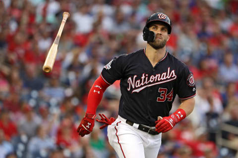 WASHINGTON, DC – JULY 31: Bryce Harper #34 of the Washington Nationals tosses his bat after flying out against the New York Mets during the second inning at Nationals Park on July 31, 2018 in Washington, DC. (Photo by Patrick Smith/Getty Images)