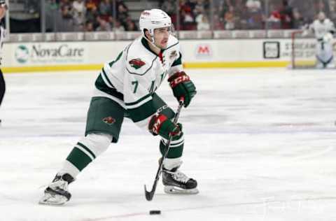 CLEVELAND, OH – JANUARY 27: Iowa Wild right wing Sam Anas (7) with the puck during the first period of the American Hockey League game between the Iowa Wild and Cleveland Monsters on January 27, 2018, at Quicken Loans Arena in Cleveland, OH. Iowa defeated Cleveland 3-1. (Photo by Frank Jansky/Icon Sportswire via Getty Images)