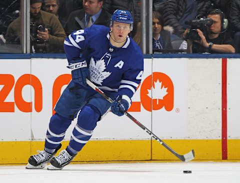 TORONTO,ON – DECEMBER 6: Morgan Rielly #44 of the Toronto Maple Leafs skates with the puck against the Detroit Red Wings during an NHL game at Scotiabank Arena on December 6, 2018 in Toronto, Ontario, Canada. The Red Wings defeated the Maple Leafs 5-4 in overtime. (Photo by Claus Andersen/Getty Images)