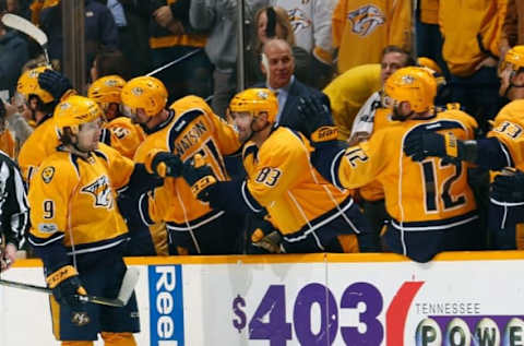 NASHVILLE, TN – FEBRUARY 21: Filip Forsberg #9 of the Nashville Predators is congratulated by teammates after scoring a hat trick against the Calgary Flames during the second period at Bridgestone Arena on February 21, 2017 in Nashville, Tennessee. (Photo by Frederick Breedon/Getty Images)