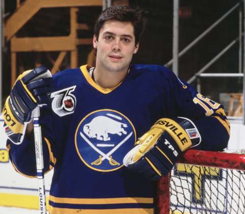 Pat LaFontaine #16, Captain and Center for the Buffalo Sabres poses for a photograph before the NHL Prince of Wales Conference Adams Division game against the Los Angeles Kings on 9th February 1992 at the Buffalo Memorial Auditorium in Buffalo, New York, United States. The Los Angeles Kings won the game 5 – 4. (Photo by Harry Scull Jr./Allsport/Getty Images)