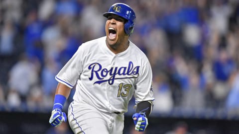 The Kansas City Royals’ Salvador Perez celebrates his walk off grand slam for an 8-4 win against the Minnesota Twins on Friday, Sept. 14, 2018, at Kauffman Stadium in Kansas City, Mo. (John Sleezer/Kansas City Star/TNS via Getty Images)