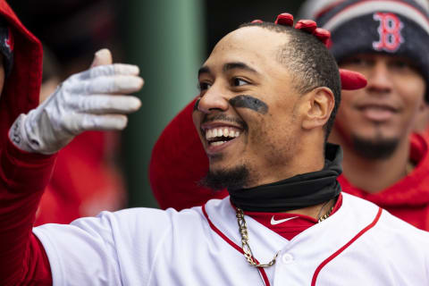 BOSTON, MA – APRIL 8: Mookie Betts #50 of the Boston Red Sox reacts after scoring the go-ahead run during the eighth inning of a game against the Tampa Bay Rays on April 8, 2018, at Fenway Park in Boston, Massachusetts. (Photo by Billie Weiss/Boston Red Sox/Getty Images)