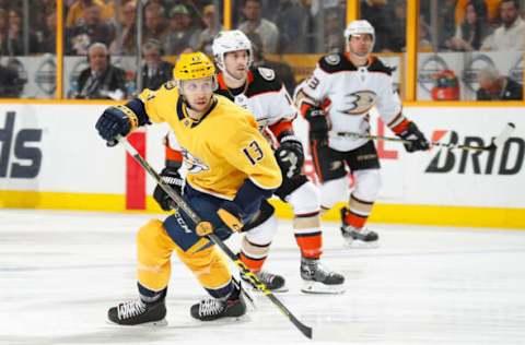 NASHVILLE, TN – MARCH 8: Nick Bonino #13 of the Nashville Predators skates against the Anaheim Ducks during an NHL game at Bridgestone Arena on March 8, 2018, in Nashville, Tennessee. (Photo by John Russell/NHLI via Getty Images)