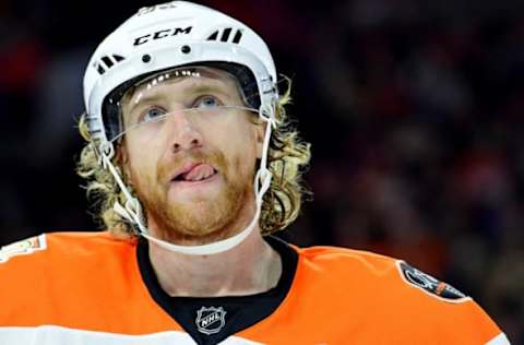 Feb 2, 2017; Philadelphia, PA, USA; Philadelphia Flyers right wing Jakub Voracek (93) against the Montreal Canadiens during the second period at Wells Fargo Center. The Flyers defeated the Canadiens, 3-1. Mandatory Credit: Eric Hartline-USA TODAY Sports