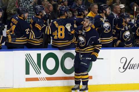 Nov 9, 2016; Buffalo, NY, USA; Buffalo Sabres right wing Nicholas Baptiste (73) celebrates his goal against the Ottawa Senators during the first period at KeyBank Center. Mandatory Credit: Timothy T. Ludwig-USA TODAY Sports