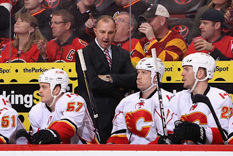 GLENDALE, AZ – MARCH 01: Head coach Brent Sutter of the Calgary Flames directs his team during the NHL game against the Phoenix Coyotes at Jobing.com Arena on March 1, 2012 , in Glendale, Arizona. (Photo by Christian Petersen/Getty Images)