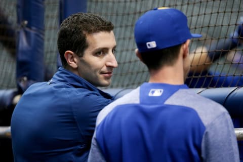 MILWAUKEE, WI – APRIL 28: General manager David Steearns of the Milwaukee Brewers talks with manager Craig Counssell before the game against the Atlanta Braves at Miller Park on April 28, 2017 in Milwaukee, Wisconsin. (Photo by Dylan Buell/Getty Images)