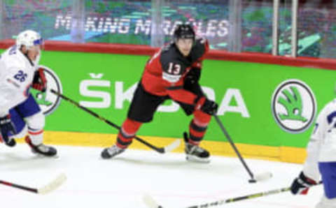 HELSINKI, FINLAND – MAY 24: Matt Barzal #13 of Team Canada in action during the 2022 IIHF Ice Hockey World Championship Group A match between France and Canada at the Helsinki Ice Hall on May 24, 2022 in Helsinki, Finland. (Photo by Xavier Laine/Getty Images)