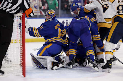 Apr 1, 2022; Buffalo, New York, USA; Buffalo Sabres goaltender Craig Anderson (41) looks behind him for the puck during the third period against the Nashville Predators at KeyBank Center. Mandatory Credit: Timothy T. Ludwig-USA TODAY Sports