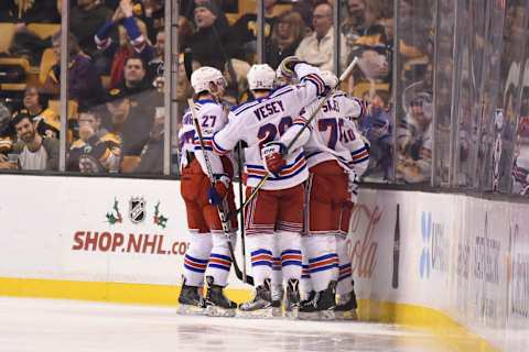 BOSTON, MA – DECEMBER 16: The New York Rangers celebrate a second period goal against the Boston Bruins at the TD Garden on December 16, 2017 in Boston, Massachusetts. (Photo by Steve Babineau/NHLI via Getty Images)