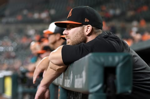 BALTIMORE, MD – SEPTEMBER 28: Chris Davis #19 of the Baltimore Orioles watches the game during the second inning against the Houston Astros at Oriole Park at Camden Yards on September 28, 2018 in Baltimore, Maryland. (Photo by Greg Fiume/Getty Images)