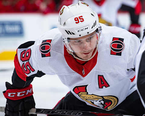 DETROIT, MI – FEBRUARY 14: Matt Duchene #95 of the Ottawa Senators gets set for the face-off against the Detroit Red Wings during an NHL game at Little Caesars Arena on February 14, 2019 in Detroit, Michigan. Detroit defeated Ottawa 3-2. (Photo by Dave Reginek/NHLI via Getty Images)