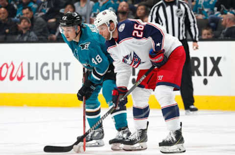 SAN JOSE, CA – MARCH 4: Tomas Hertl #48 of the San Jose Sharks and Thomas Vanek #26 of the Columbus Blue Jackets get ready at SAP Center on March 4, 2018 in San Jose, California. (Photo by Scott Dinn/NHLI via Getty Images)