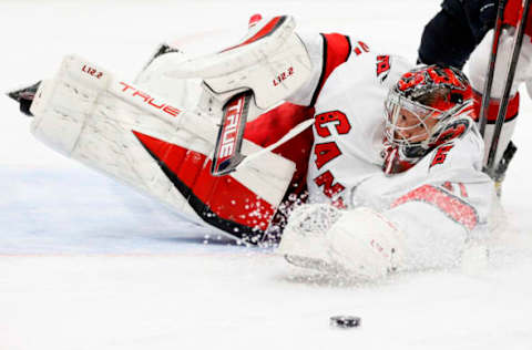 SEATTLE, WASHINGTON – NOVEMBER 24: Frederik Andersen #31 of the Carolina Hurricanes makes a save during the second period against the Seattle Kraken at Climate Pledge Arena on November 24, 2021, in Seattle, Washington. (Photo by Steph Chambers/Getty Images)