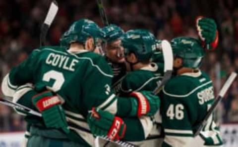 Dec 11, 2016; Saint Paul, MN, USA; Minnesota Wild forward Nino Niederreiter (22) celebrates his goal in the second period against the St Louis Blues at Xcel Energy Center. Mandatory Credit: Brad Rempel-USA TODAY Sports