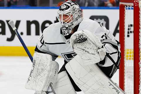 Apr 25, 2023; Edmonton, Alberta, CAN;Los Angeles Kings goaltender Joonas Korpisalo (70) skates against the Edmonton Oilers in game five of the first round of the 2023 Stanley Cup Playoffs at Rogers Place. Mandatory Credit: Perry Nelson-USA TODAY Sports