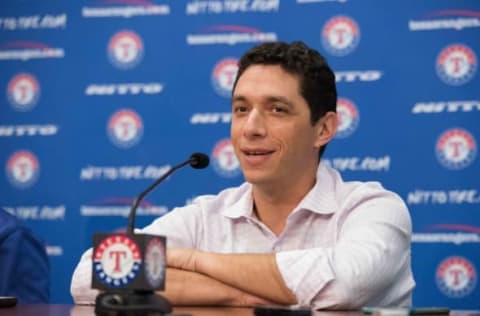 Jul 31, 2015; Arlington, TX, USA; Texas Rangers general manager Jon Daniels speaks to media before the game between the Rangers and the San Francisco Giants at Globe Life Park in Arlington. Mandatory Credit: Jerome Miron-USA TODAY Sports