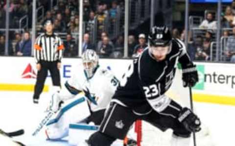 LOS ANGELES, Nov. 13, : Los Angeles Kings’ forward Dustin Brown (R) looks to shoot against San Jose Sharks’ goalie Martin Jones during a 2017-2018 NHL hockey game in Los Angeles, the United States, on Nov. 12, 2017. San Jose Sharks won 2-1. (Xinhua/Zhao Hanrong via Getty Images)