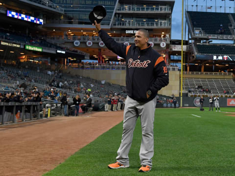 MINNEAPOLIS, MN – SEPTEMBER 27: Victor Marttinez #41 of the Detroit Tigers waves as he is honored for his retirement, before the game against the Minnesota Twins on September 27, 2018 at Target Field in Minneapolis, Minnesota. (Photo by Hannah Foslien/Getty Images)