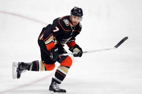 ANAHEIM, CA: Anaheim Ducks leftwing Andrew Cogliano (7) in action during the first period of a Stanley Cup playoffs first-round game 1 against the San Jose Sharks played on April 12, 2018. (Photo by John Cordes/Icon Sportswire via Getty Images)