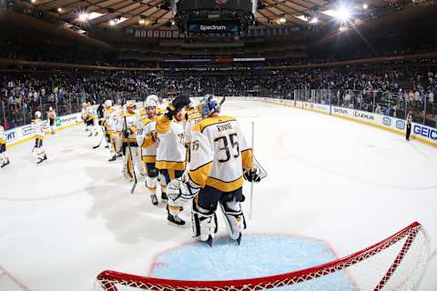 NEW YORK, NY – OCTOBER 04: Pekka Rinne #35 and the Nashville Predators celebrate after defeating the New York Rangers 3-2 at Madison Square Garden on October 4, 2018 in New York City. (Photo by Jared Silber/NHLI via Getty Images)