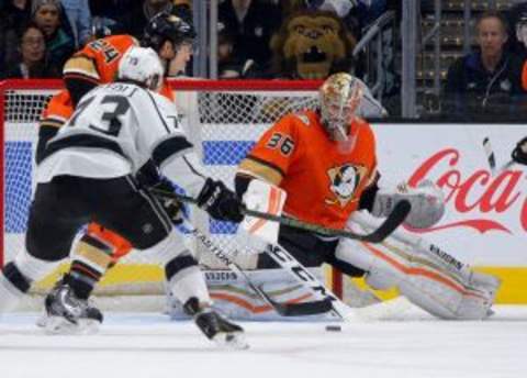 Feb 4, 2016; Los Angeles, CA, USA; Anaheim Ducks goalie John Gibson (36) defends a shot by Los Angeles Kings center Tyler Toffoli (73) in the third period of the game at Staples Center. Ducks won 4-2. Mandatory Credit: Jayne Kamin-Oncea-USA TODAY Sports