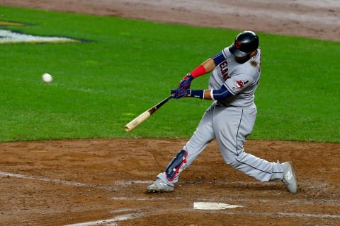 NEW YORK, NY – OCTOBER 09: Carlos Santana #41 of the Cleveland Indians hits a two run home run scoring Jay Bruce #32 against Luis Severino #40 of the New York Yankees during the fourth inning in Game Four of the American League Divisional Series at Yankee Stadium on October 9, 2017 in the Bronx borough of New York City. (Photo by Mike Stobe/Getty Images)