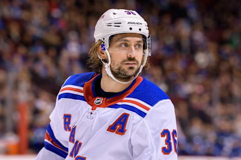 VANCOUVER, BC – FEBRUARY 28: New York Rangers Right Wing Mats Zuccarello (36) looks up ice during their NHL game against the Vancouver Canucks at Rogers Arena on February 28, 2018 in Vancouver, British Columbia, Canada. New York won 6-5. (Photo by Derek Cain/Icon Sportswire via Getty Images)