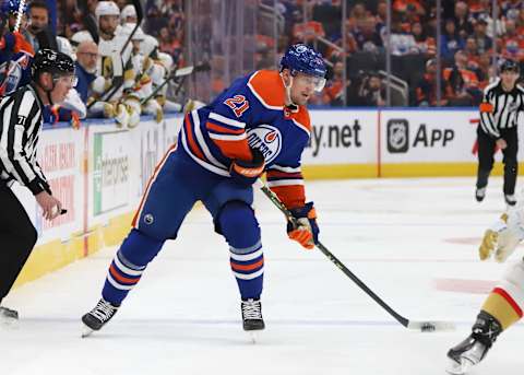 EDMONTON, CANADA – MAY 10: Klim Kostin #21 of the Edmonton Oilers shoots the puck in the second period against the Las Vegas Golden Knights in Game Four of the Second Round of the 2023 Stanley Cup Playoffs on May 10, 2023 at Rogers Place in Edmonton, Alberta, Canada. (Photo by Lawrence Scott/Getty Images)