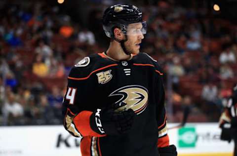 ANAHEIM, CA – SEPTEMBER 24: Carter Rowney #24 of the Anaheim Ducks looks on during the second period of an NHL preseason game against the Arizona Coyotes at Honda Center on September 24, 2018, in Anaheim, California. (Photo by Sean M. Haffey/Getty Images)