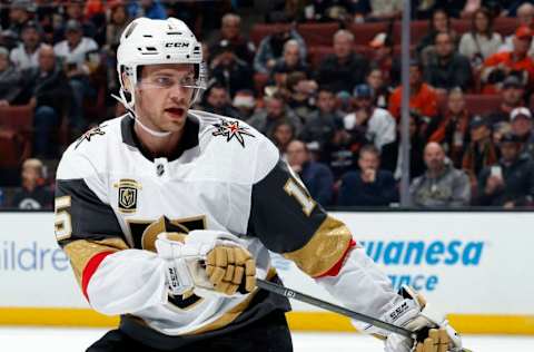 ANAHEIM, CA – DECEMBER 27: Jon Merrill #15 of the Vegas Golden Knights on the ice against the Anaheim Ducks on December 27, 2017, at Honda Center in Anaheim, California. (Photo by Debora Robinson/NHLI via Getty Images)