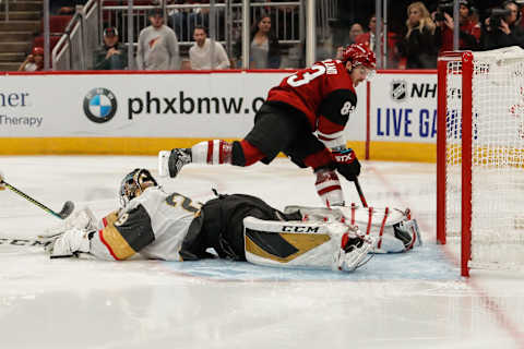 GLENDALE, AZ – OCTOBER 10: Arizona Coyotes right wing Conor Garland (83) scores on Vegas Golden Knights goaltender Marc-Andre Fleury (29) during the NHL hockey game between the Vegas Golden Knights and the Arizona Coyotes on October 10, 2019 at Gila River Arena in Glendale, Arizona. (Photo by Kevin Abele/Icon Sportswire via Getty Images)