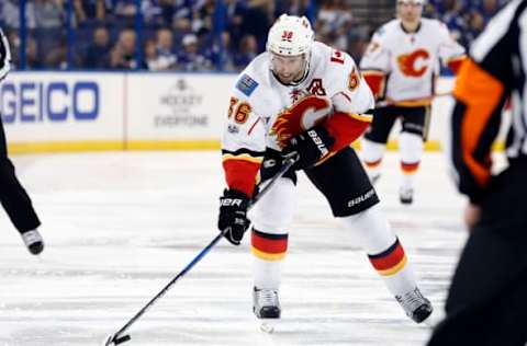 Feb 23, 2017; Tampa, FL, USA; Calgary Flames right wing Troy Brouwer (36) skates with the puck against the Tampa Bay Lightning during the first period at Amalie Arena. Mandatory Credit: Kim Klement-USA TODAY Sports