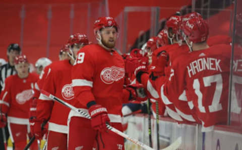 DETROIT, MICHIGAN – JANUARY 30: Anthony Mantha #39 of the Detroit Red Wings celebrates his first period goal with teammates while playing the Florida Panthers at Little Caesars Arena on January 30, 2021 in Detroit, Michigan. (Photo by Gregory Shamus/Getty Images)