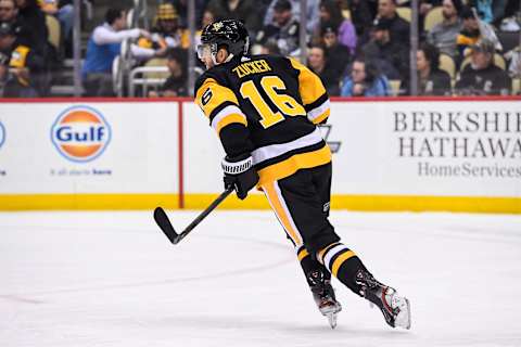 PITTSBURGH, PA – FEBRUARY 11: Pittsburgh Penguins Left Wing Jason Zucker (16) skates during the first period in the NHL game between the Pittsburgh Penguins and the Tampa Bay Lightning on February 11, 2020, at PPG Paints Arena in Pittsburgh, PA. (Photo by Jeanine Leech/Icon Sportswire via Getty Images)